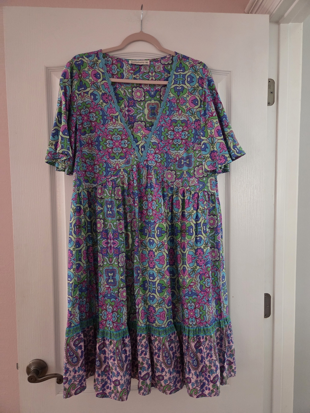 Floral Patchwork V-Neck Midi Dress in Blue, Green & Pink